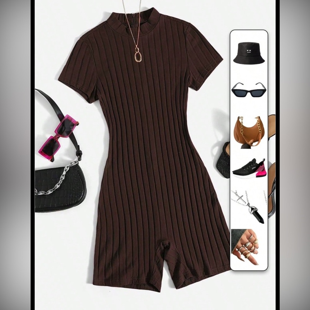 SHEIN Rib-Knit Short Sleeve Romper Bodysuit in Chocolate Brown Size Medium 🤎